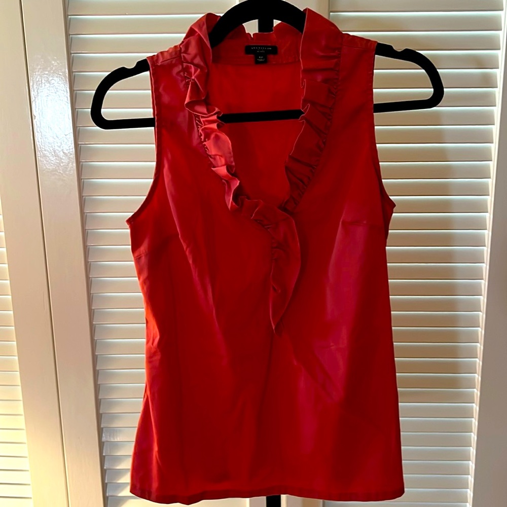 Ann Taylor Red Ruffled Sleeveless Blouse